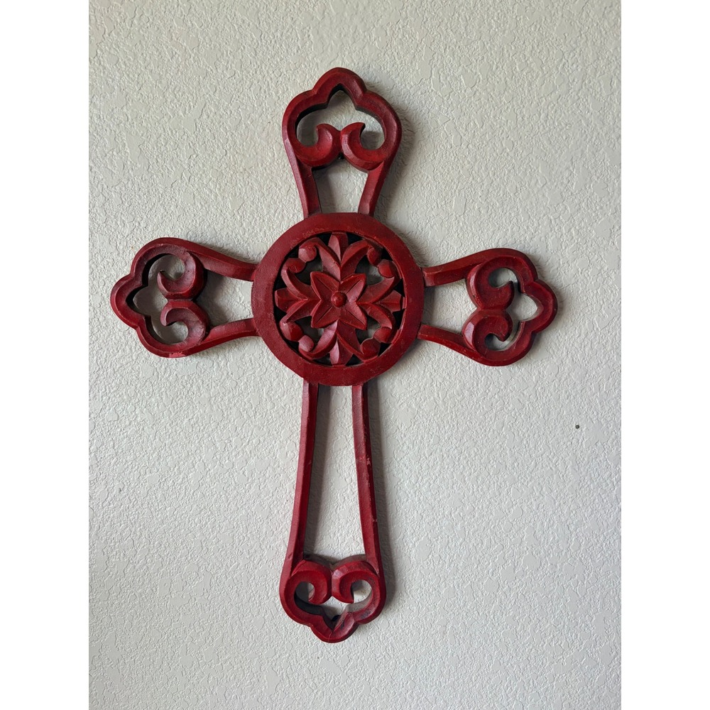 Ornate‎ Red Carved Wall Cross Rustic Scroll Floral Medallion Wall Art 19.5 x 15